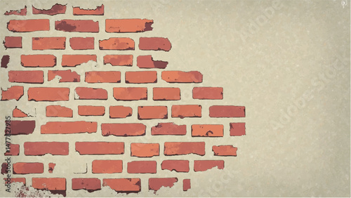 Illustration of a Classic Red Brick Wall with Weathered Edges and Faded Plaster Background.  Brick wall background. 