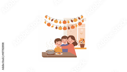 Siblings hugging in cozy kitchen during family gathering