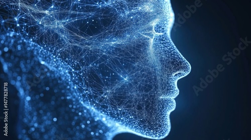 Digital neural network representation of artificial intelligence with intricate details of a face in blue tones
