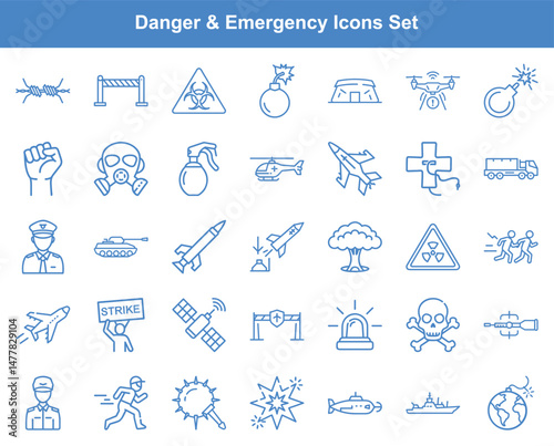 Assorted Danger Emergency Situation Pictograms Bomb, Barbed Wire, Rocket, Gas Mask, and More