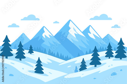 The landscape features flat winter mountains with snow, pine trees, and hills set against a blue Christmas background