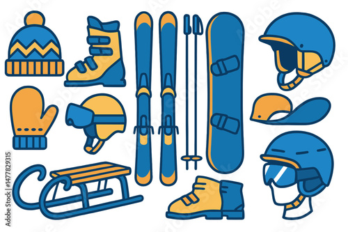 Vector illustration of ski gear and equipment, including hats, boots, skis, snowboards, helmets, poles, mittens, and sled, for snow and winter sports