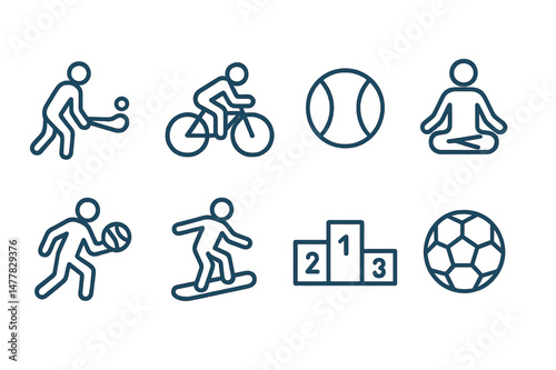 A set of linear vector icons representing various sports is outlined, including hurling, cycling, softball, yoga, basketball, snowboarding, podium, and football