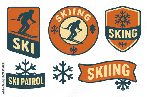 Vector collection featuring a skier silhouette and snowflakes on a vintage badge label patch for skiing