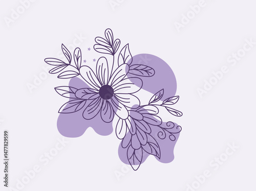 Elegant Purple Floral Design with Line Art Flowers and Leaves on a Light Background