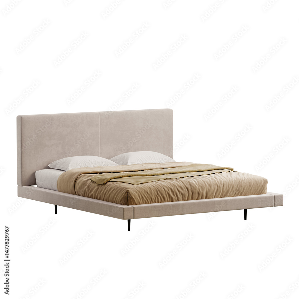 Fototapeta premium A bed with a white comforter and a tan blanket