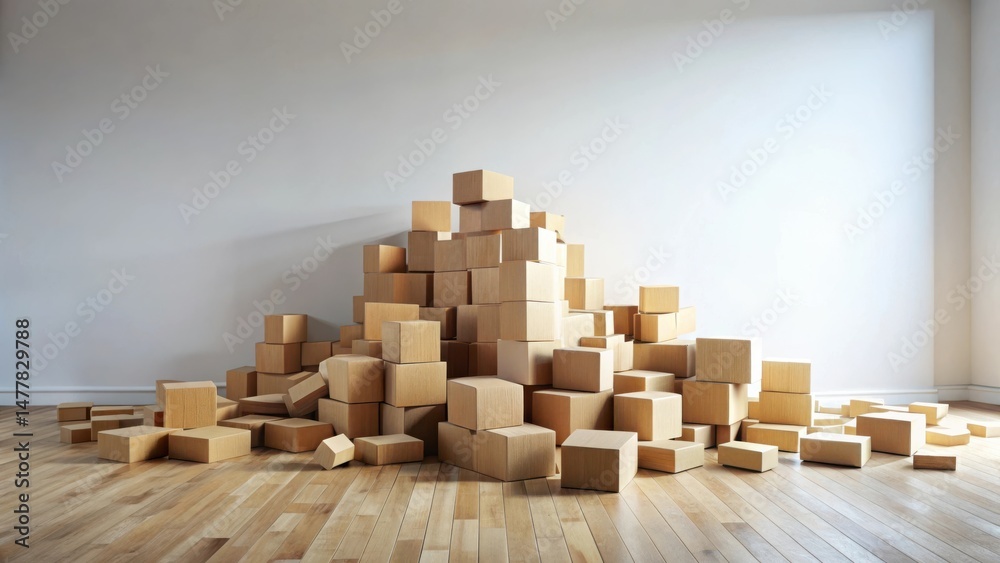 A large pile of cardboard boxes sits on a light wood floor in an empty room, ready for organization and unpacking. A large pile of cardboard boxes sits on a light wood floor in an empty room, ready for organization and unpacking.