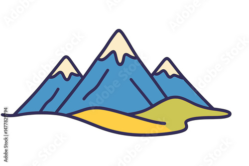 A single, unbroken line drawing depicts a mountain range landscape in a straightforward linear style, suitable for winter sports concepts, set against a white background as a doodle vector