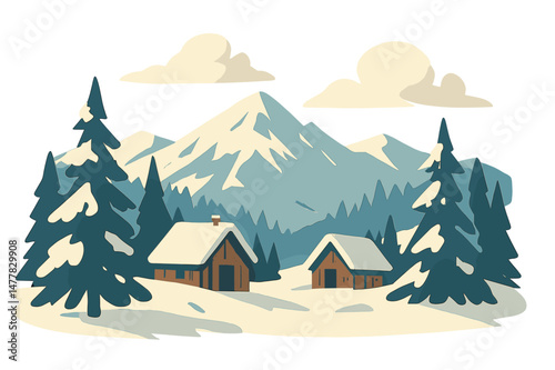 Vector illustration of a winter mountain landscape featuring fir-trees in the foreground and houses resembling tourist shelters