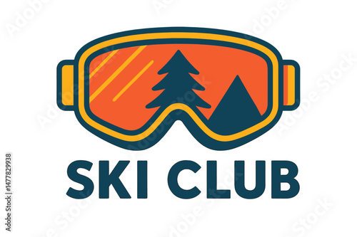 Ski club logo featuring an illustration of goggles and a tree