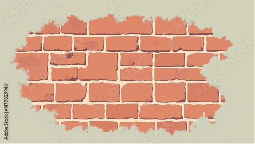 Illustration of a Classic Red Brick Wall with Weathered Edges and Faded Plaster Background.  Brick wall background. 