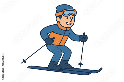 A smiling sportsman character wearing a ski suit is depicted in a vector illustration as a cartoon skier isolated on a white background