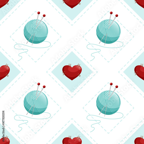Geometric background seamless pattern in rhombus skein of wool yarn. Repeating small hearts for design. Vector illustration.