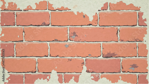 Illustration of a Classic Red Brick Wall with Weathered Edges and Faded Plaster Background.  Brick wall background. 