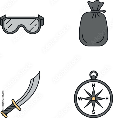 Pirate accessories vector set with sword compass goggles and bag for adventure themes 