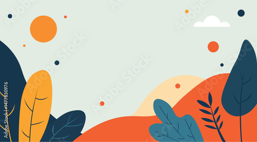 Stylized landscape with abstract geometric shapes and foliage