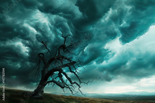 A hauntingly beautiful scene of a barren tree silhouetted against dramatic, swirling clouds in shades of teal and gray.