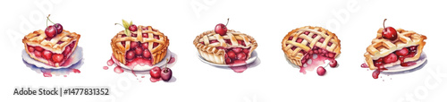 Delicious watercolor illustrations of whole and sliced cherry pies with golden lattice crusts and juicy cherry filling. Perfect for food designs, menus, and recipe cards.
