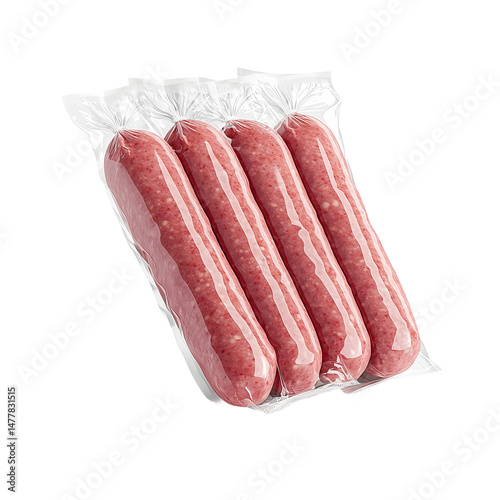 Four raw, uncooked sausages are carefully sealed within a transparent plastic package. The vibrant, fresh color of the meat is showcased in the pristine packaging.