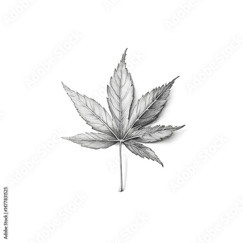 A detailed illustration of a single Japanese maple leaf, a study in natural artistry. The monochromatic rendering showcases the leaf's intricate structure and delicate veins.