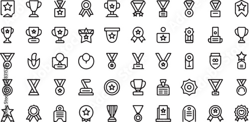 Award icon bundle with line art illustrations of trophies medals and prizes ideal for achievement themed visuals websites gamification tools or presentation templates