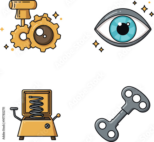 Steampunk mechanical eye gears spring key vector illustration set in colorful style 