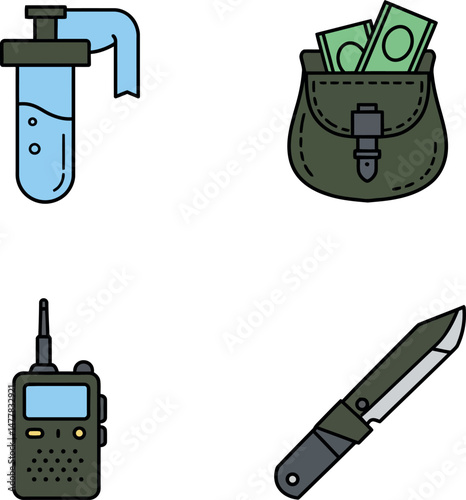 Survival gear vector set with knife walkie talkie pouch and water bottle illustration 