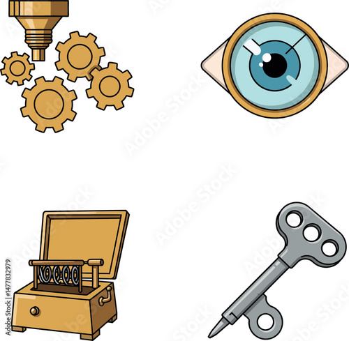 Mechanical gears, eye, music box, and wind-up key vector illustration collection 