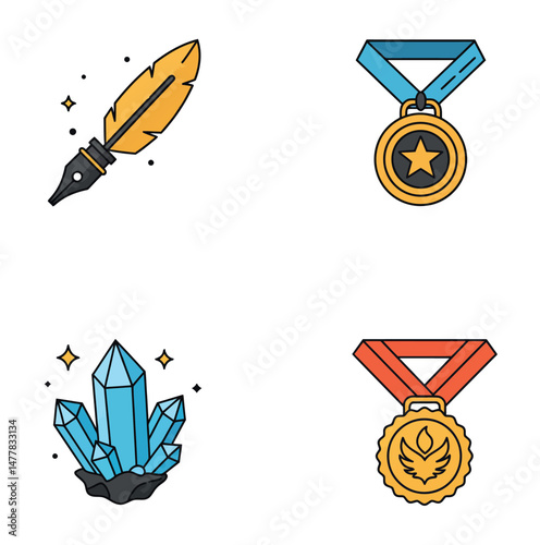Feather quill pen gold medal blue ribbon crystal cluster red medal award vector illustration 