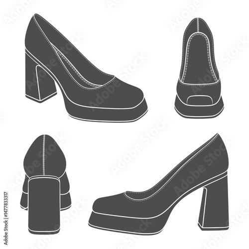 Set of black and white illustrations with women shoes on thick heels. Isolated vector objects on white background.