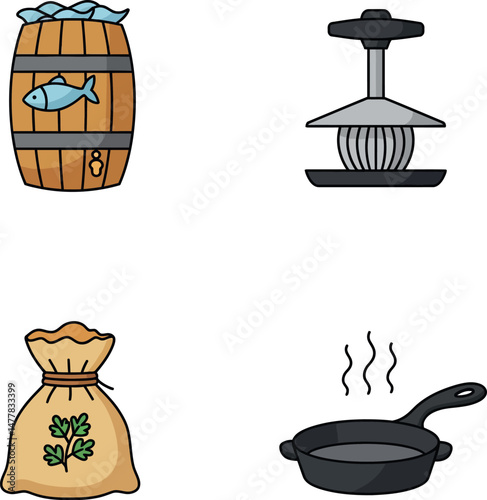 Fish barrel sack and kitchen tools collection cooking illustration set vector 