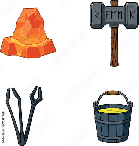 Viking blacksmith tools hammer tongs anvil bucket with molten metal vector illustration 