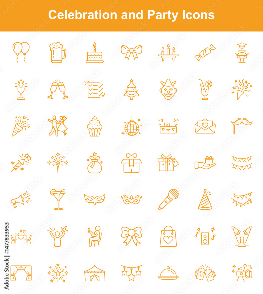 Fototapeta premium Celebration Icons Collection Balloons, Cake, Champagne, Disco Ball, and Party Decorations Outlines