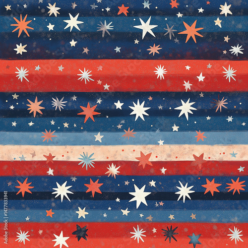 4th of July celebration background with fireworks, American flag, stars and stripes, and patriotic red-white-blue color scheme
