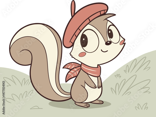 Cheerful Cartoon Squirrel in Beret – Charming Forest Illustration with Playful Style and Adorable Character Ideal for Children's Art