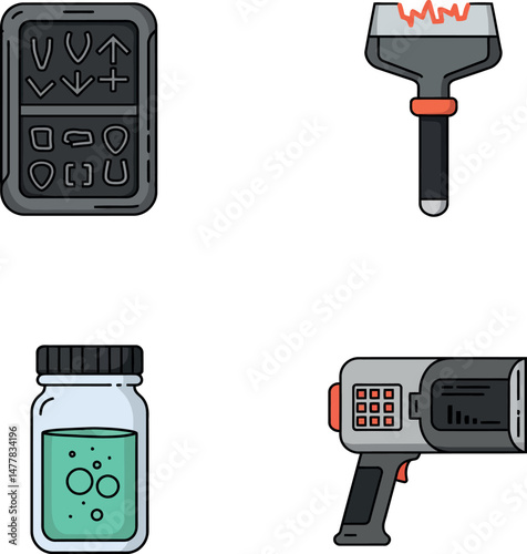 Set of hand drawn tattoo machine parts and ink bottle vector illustration