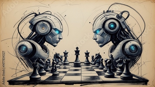 Robots Play Chess Game. Artificial Intelligence Strategy Battle. Sketch Drawing on Beige Background