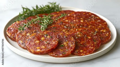 Sliced cured sausage, arranged on a plate with fresh herbs.  A flavorful and ready-to-eat appetizer