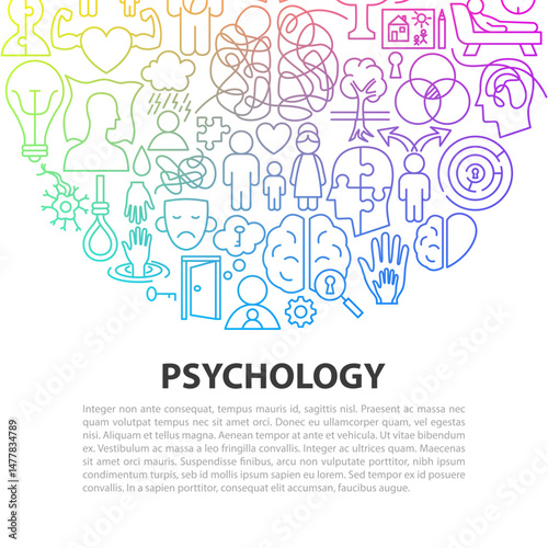 Psychology Line Art Concept. Vector Thin Outline Mental Health Symbols. Wellness and Awareness Month Design. Therapy Linear Objects Background.