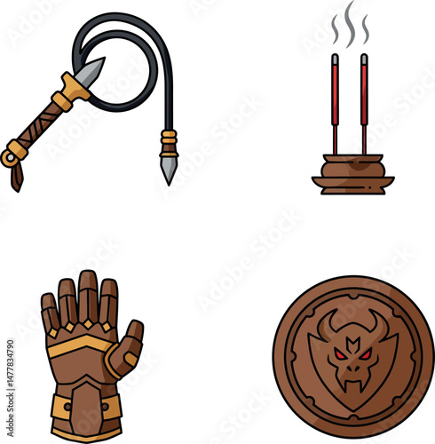 Medieval fantasy weapon glove shield and incense vector set illustration collection 