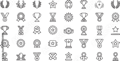 Award Line Icons Collection Featuring Trophy, Medal, Winner, and Prize Illustrations