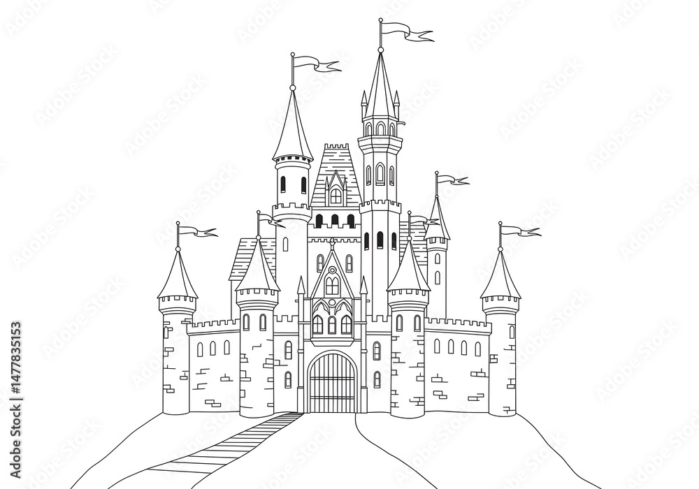 Fototapeta premium A4 size castle drawing page Detailed castle illustration in black and white for coloring, isolated on white—perfect for fairytale-themed worksheets, printables, or children’s activity books.