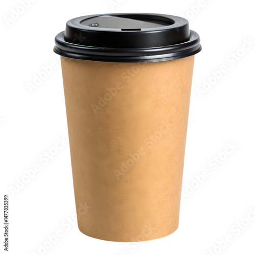 A Coffee Cup: A plain view of a disposable brown paper cup with black plastic lid in a refreshing design, ideal for showcasing drink visuals.