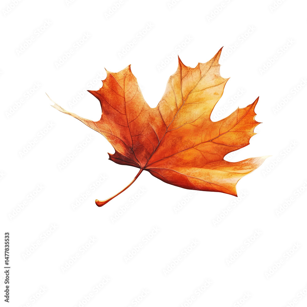 Fototapeta premium Single autumn maple leaf, orange and yellow colors, isolated on white background.