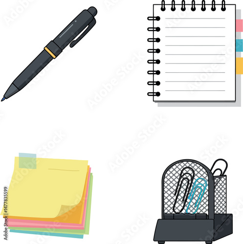 Office stationery set with pen notebook sticky notes and paper clip holder vector illustration 