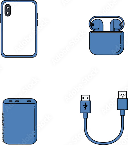 Blue Wireless Earbuds Power Bank Phone Charger USB Cable Vector Illustration 