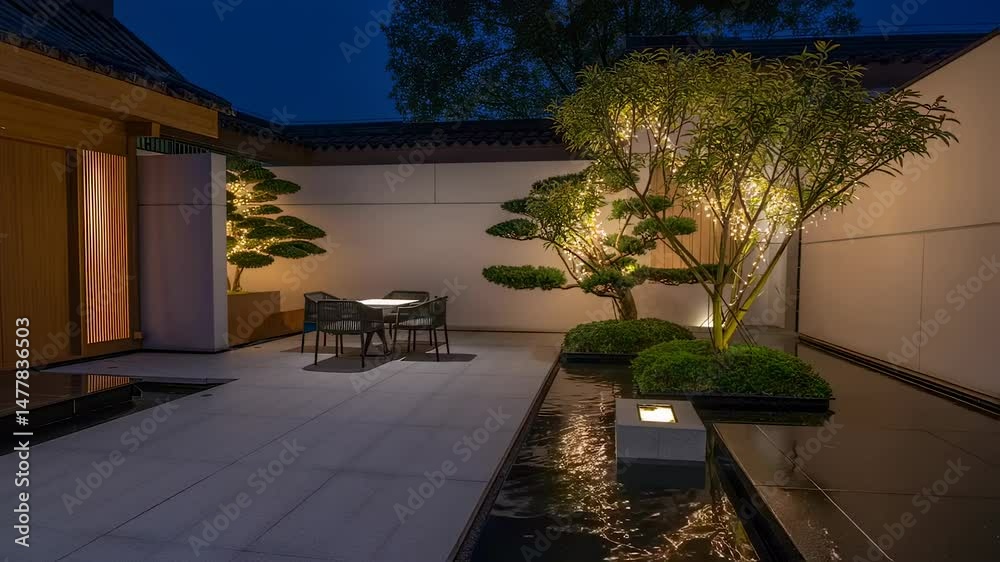 Elegant garden illumination creates serene atmosphere in evening setting Elegant garden illumination creates serene atmosphere in evening setting