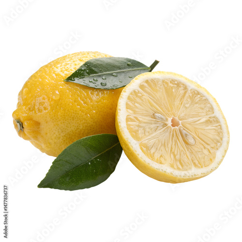 Fresh Lemon with Leaves Isolated on Transparent Background