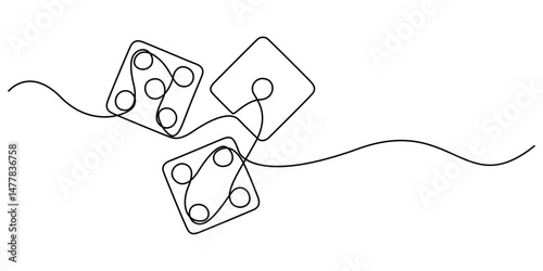 One continuous line drawing of dice. Thin Line Illustration vector concept. Contour Drawing Creative ideas, Two casino dices. Continuous one line drawing style. Vector illustration. Contour drawing.