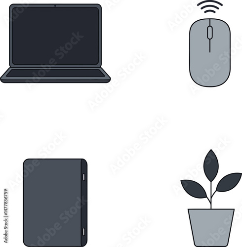 Laptop wireless mouse power bank and potted plant icons simple vector illustration 
